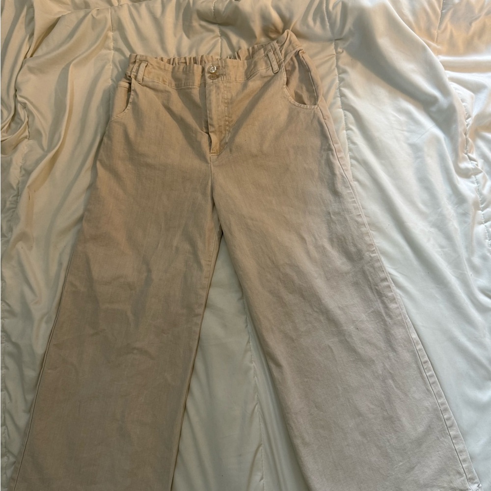 Tan Straight Leg Pants with Elastic Waistband